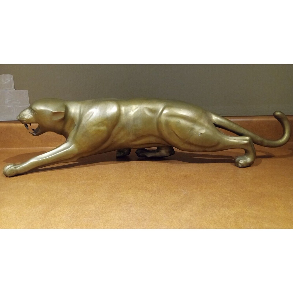 Large Brass Lion Cougar Puma Jaguar Statue Vintage Animal Sculpture